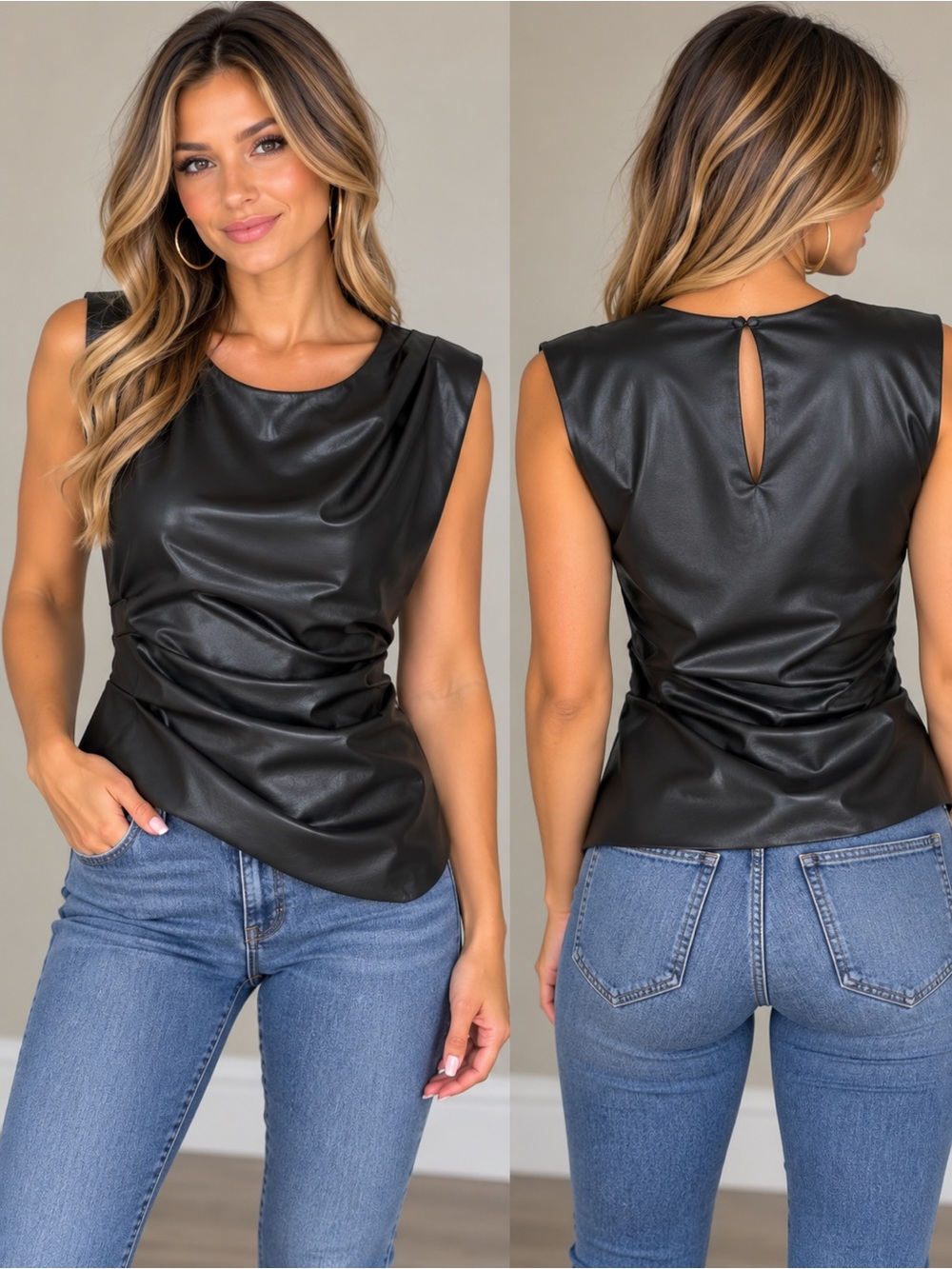 White House Black Market Black Faux Leather Sleeveless Drape Tank